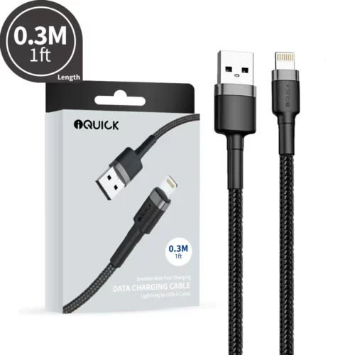 iQuick Braided USB-A to Lightning Fast Charging Cable – 0.3m