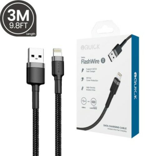 iQuick Flashwire Braided USB-A to Lightning Fast Charging Cable – 3m